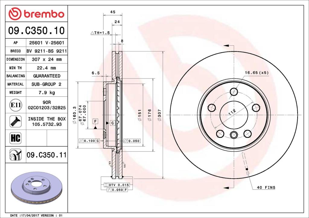 Disques de frein BREMBO ref. 09.C350.11