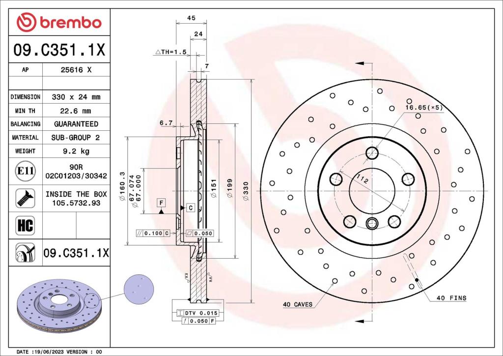 Disques de frein BREMBO ref. 09.C351.1X