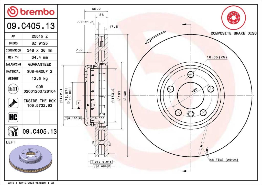 Disque de frein avant gauche BREMBO ref. 09.C405.13