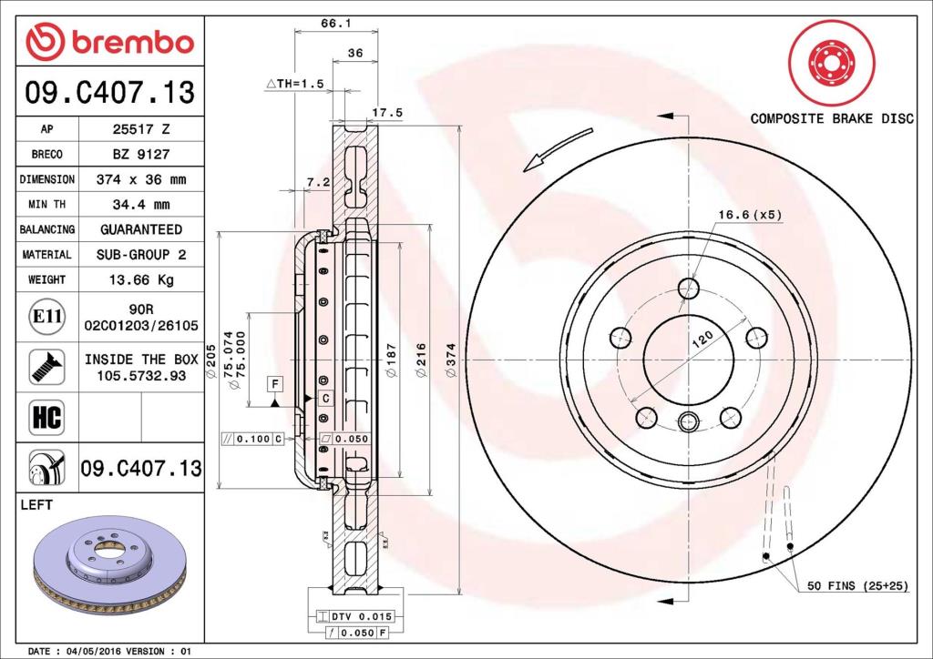 Disque de frein avant gauche BREMBO ref. 09.C407.13