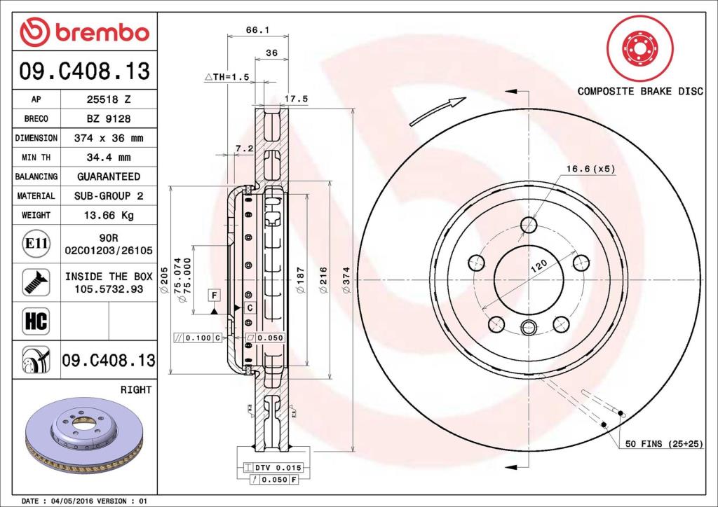 Disco de travão dianteiro direito BREMBO ref. 09.C408.13