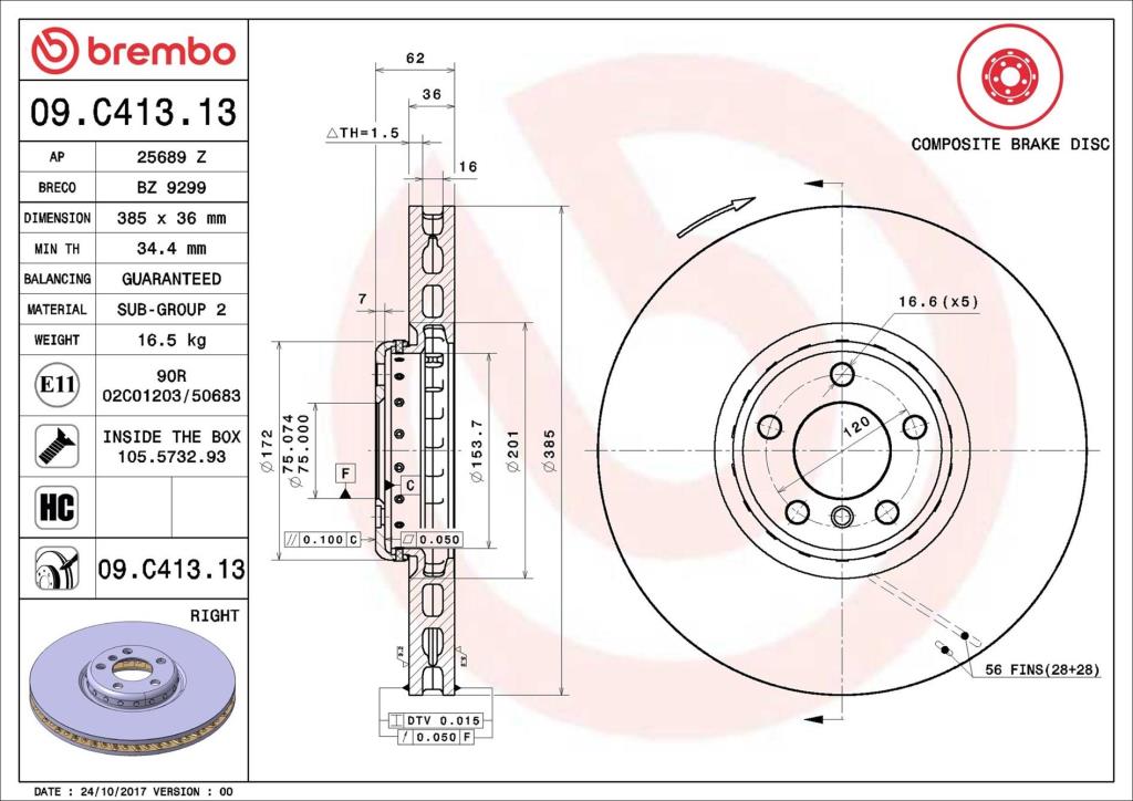 Disco de travão dianteiro direito BREMBO ref. 09.C413.13