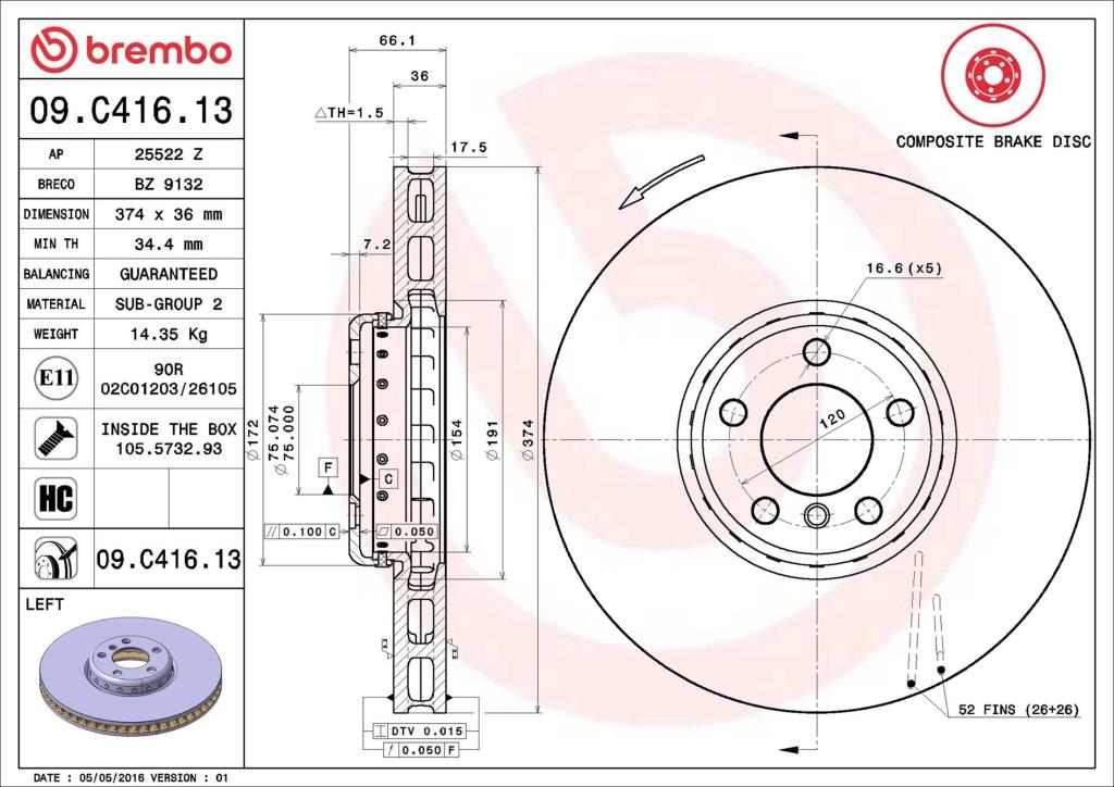 Disque de frein avant gauche BREMBO ref. 09.C416.13