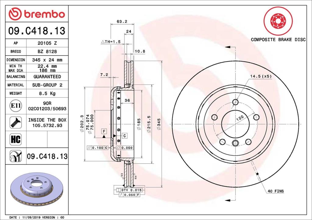Disques de frein BREMBO ref. 09.C418.13