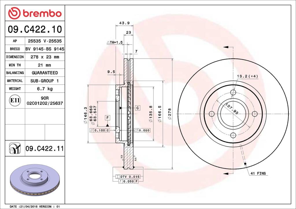Discos de freno BREMBO ref. 09.C422.11