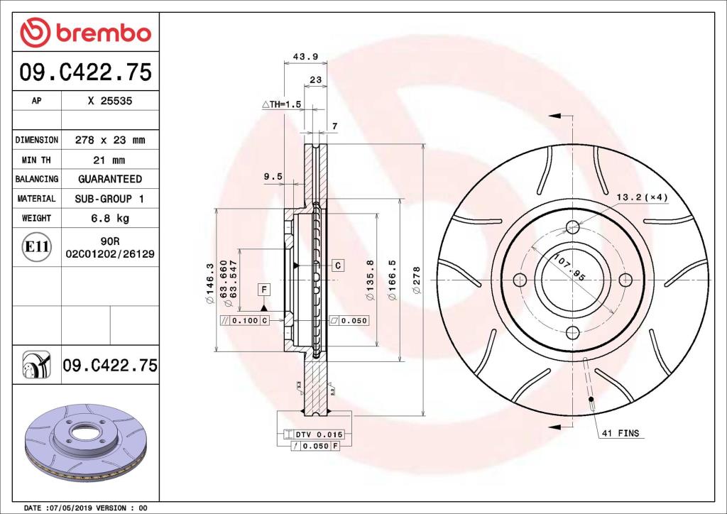 Disques de frein BREMBO ref. 09.C422.75