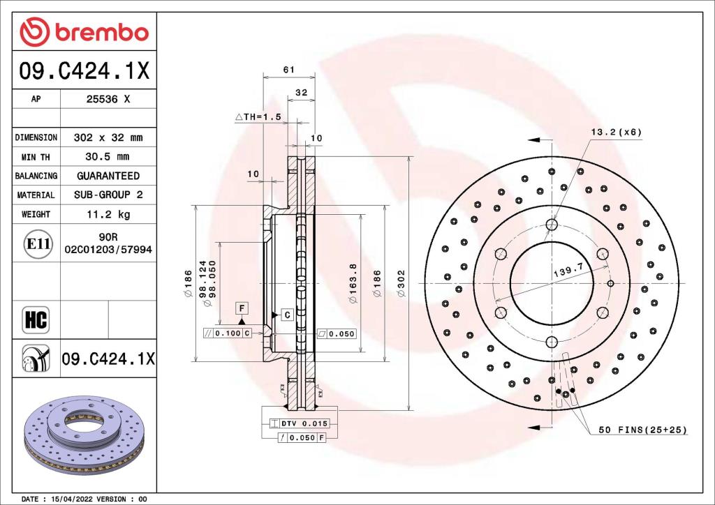 Disques de frein BREMBO ref. 09.C424.1X