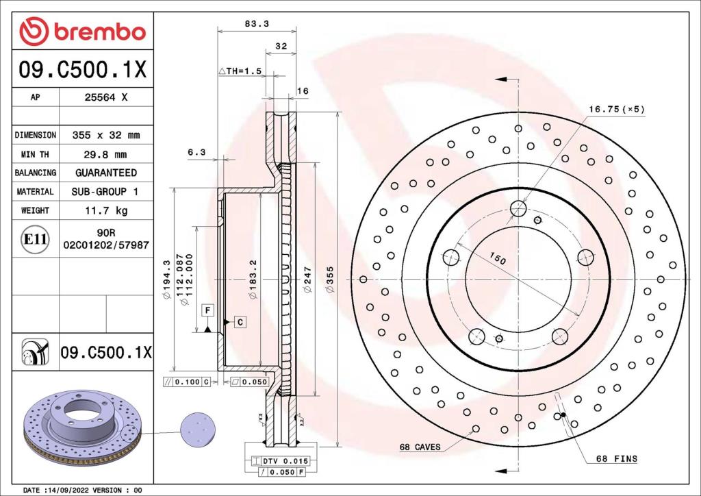 Disques de frein BREMBO ref. 09.C500.1X