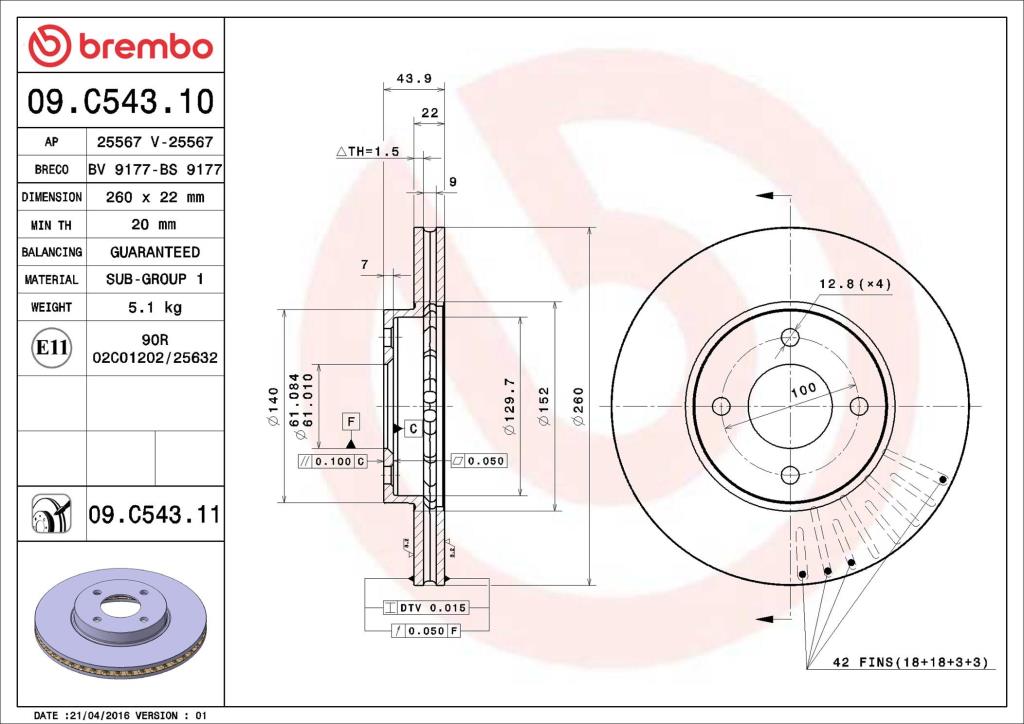 Disques de frein BREMBO ref. 09.C543.11