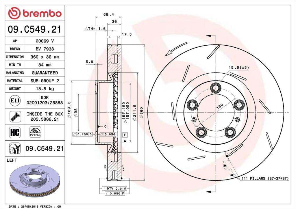 Disque de frein avant gauche BREMBO ref. 09.C549.21