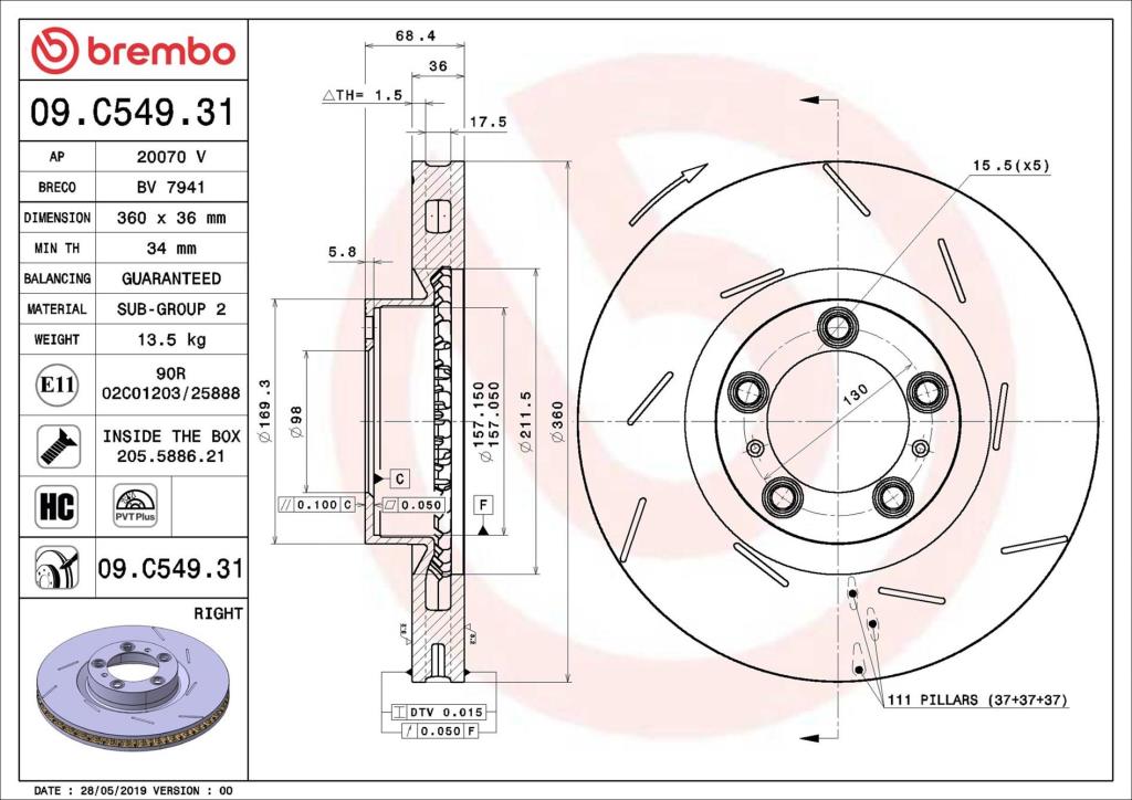 Disco de travão dianteiro direito BREMBO ref. 09.C549.31