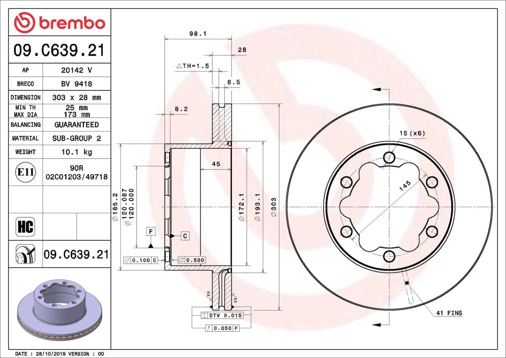Disques de frein BREMBO ref. 09.C639.21