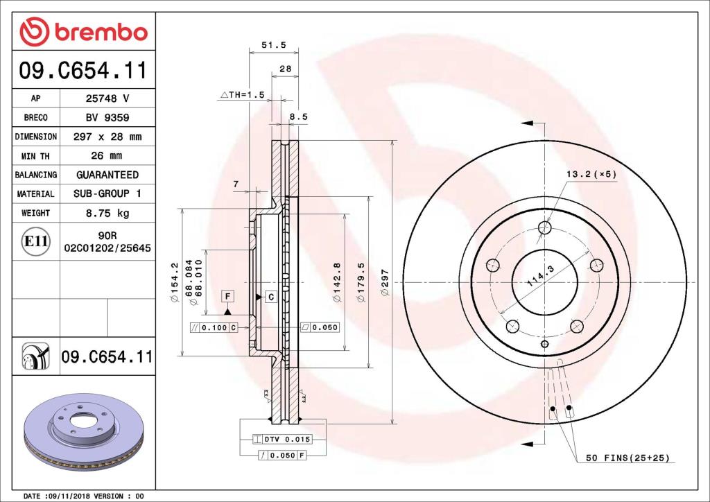 Disques de frein BREMBO ref. 09.C654.11
