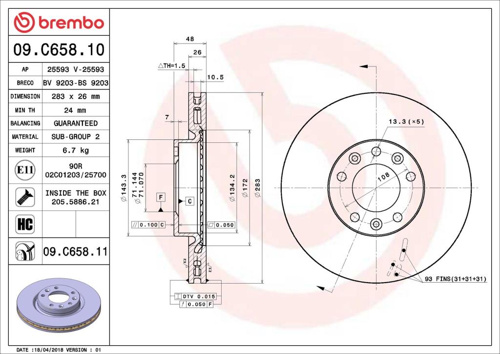 Disques de frein BREMBO ref. 09.C658.11