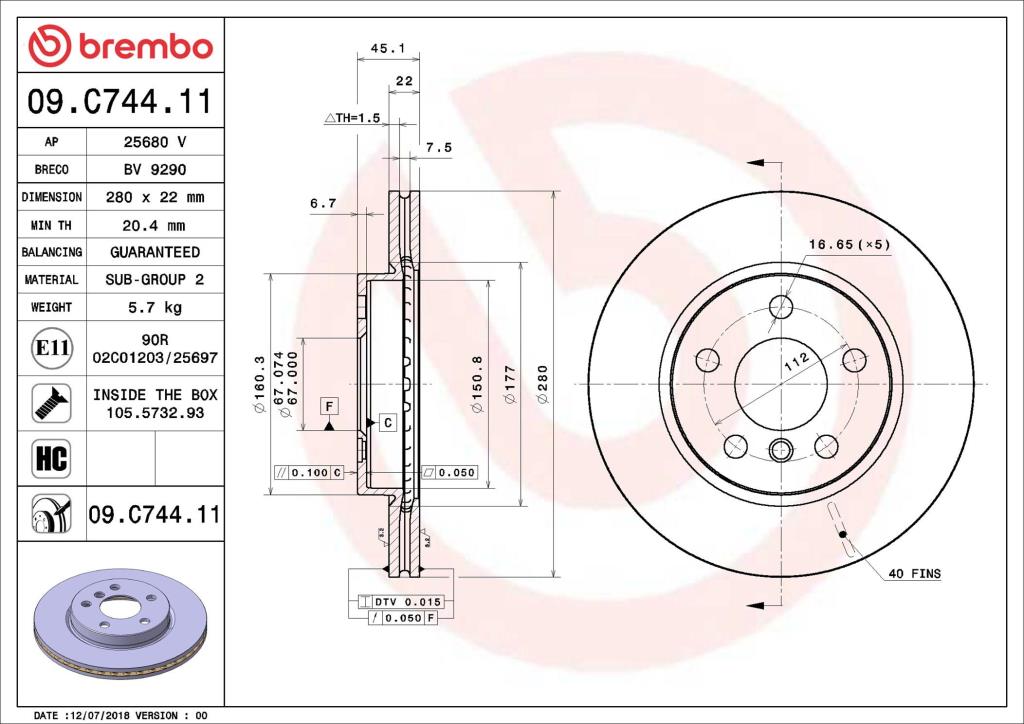Disques de frein BREMBO ref. 09.C744.11