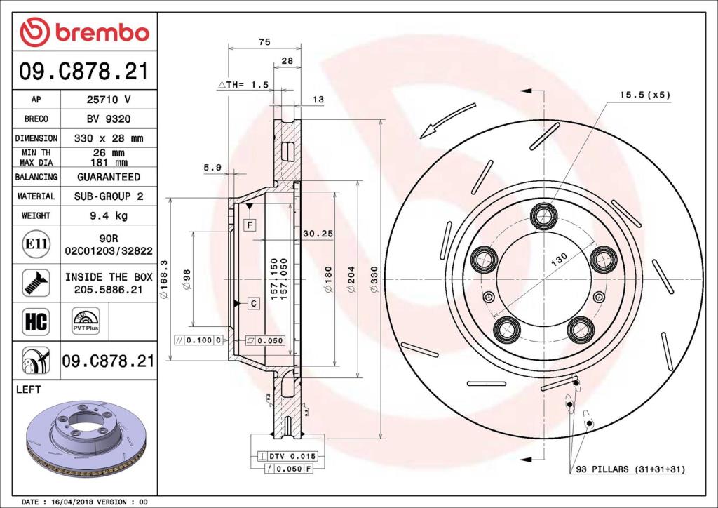 Disque de frein arrière gauche BREMBO ref. 09.C878.21