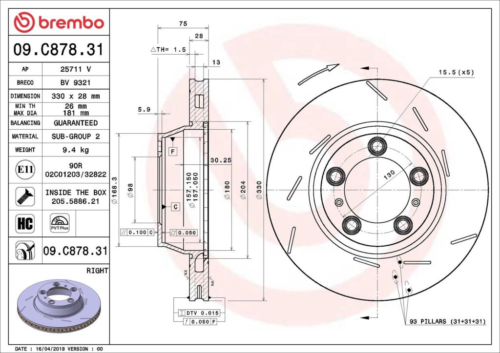 Disco de travão traseiro direito BREMBO ref. 09.C878.31