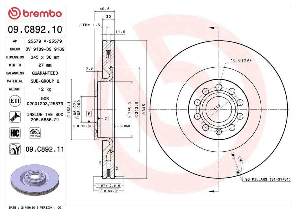 Disques de frein BREMBO ref. 09.C892.11