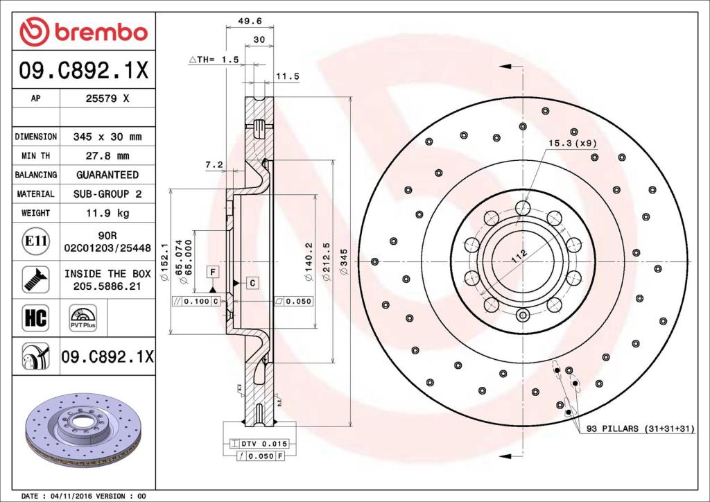 Disques de frein BREMBO ref. 09.C892.1X