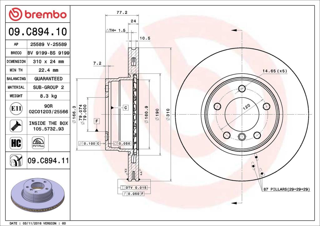 Disques de frein BREMBO ref. 09.C894.11