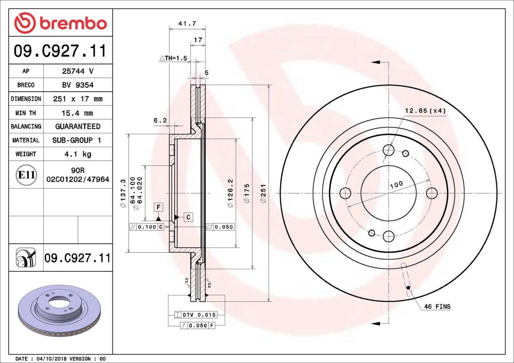 Disques de frein BREMBO ref. 09.C927.11