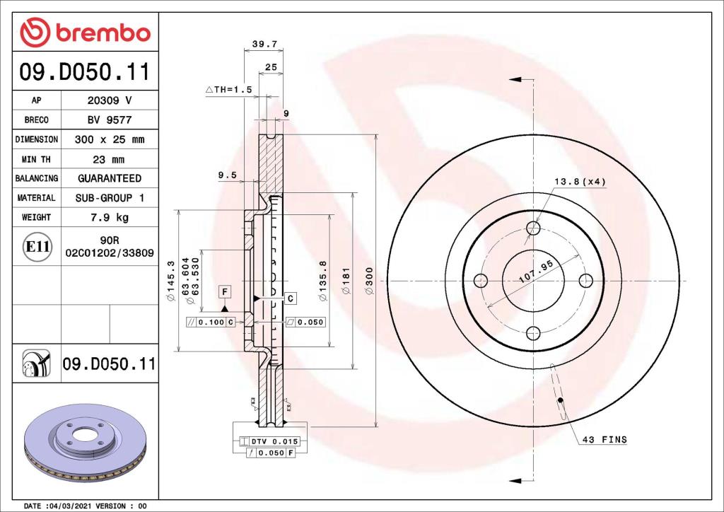 Disques de frein BREMBO 09.D050.11