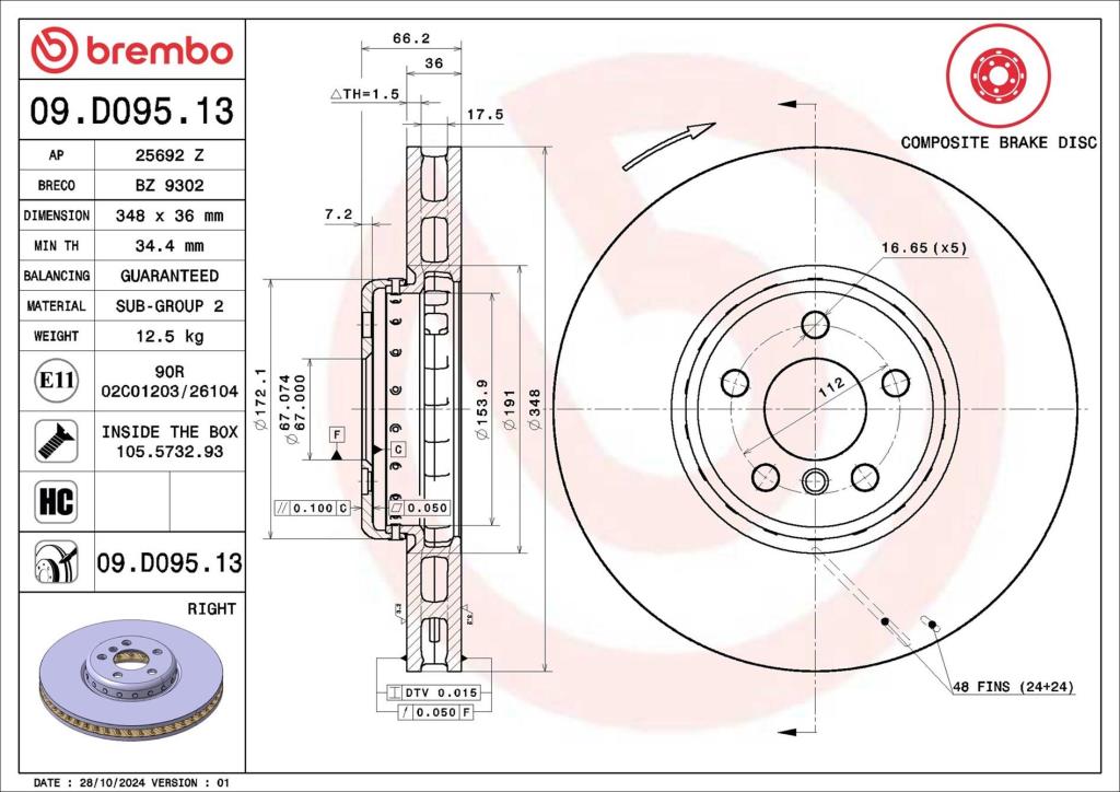 Disco de travão dianteiro direito BREMBO ref. 09.D095.13