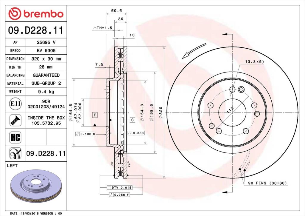 Disque de frein avant gauche BREMBO ref. 09.D228.11