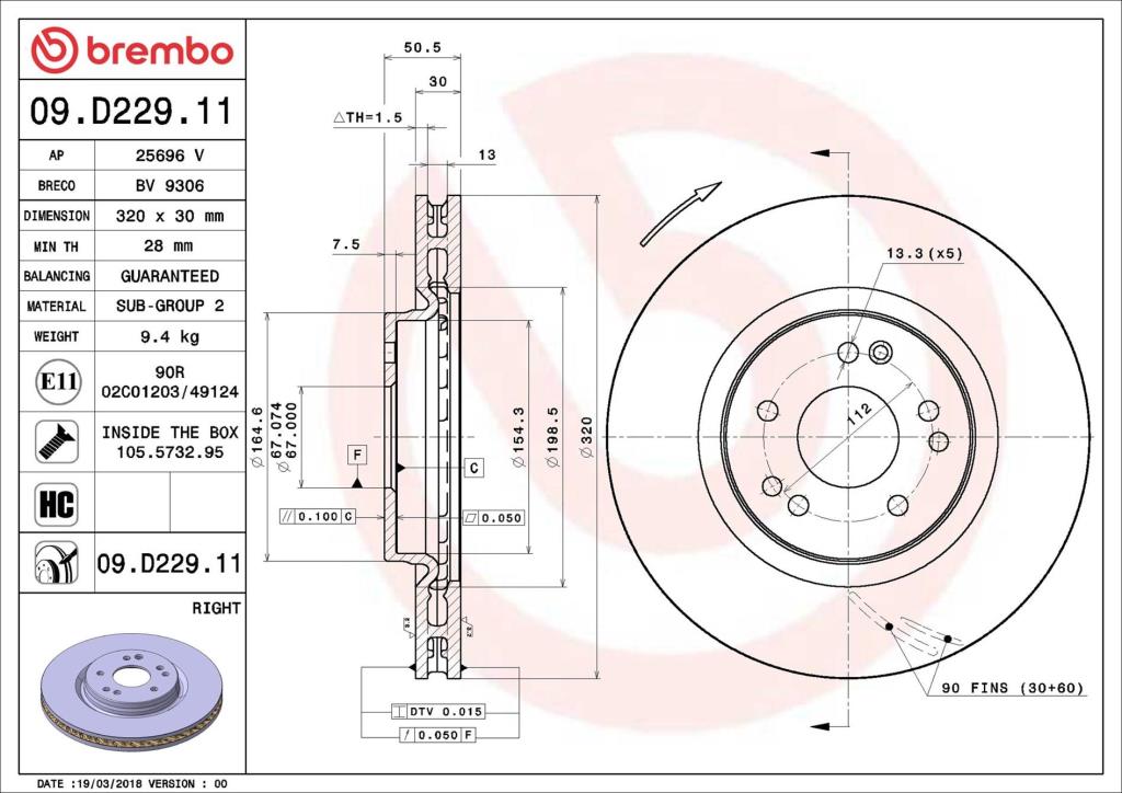 Disco de travão dianteiro direito BREMBO ref. 09.D229.11