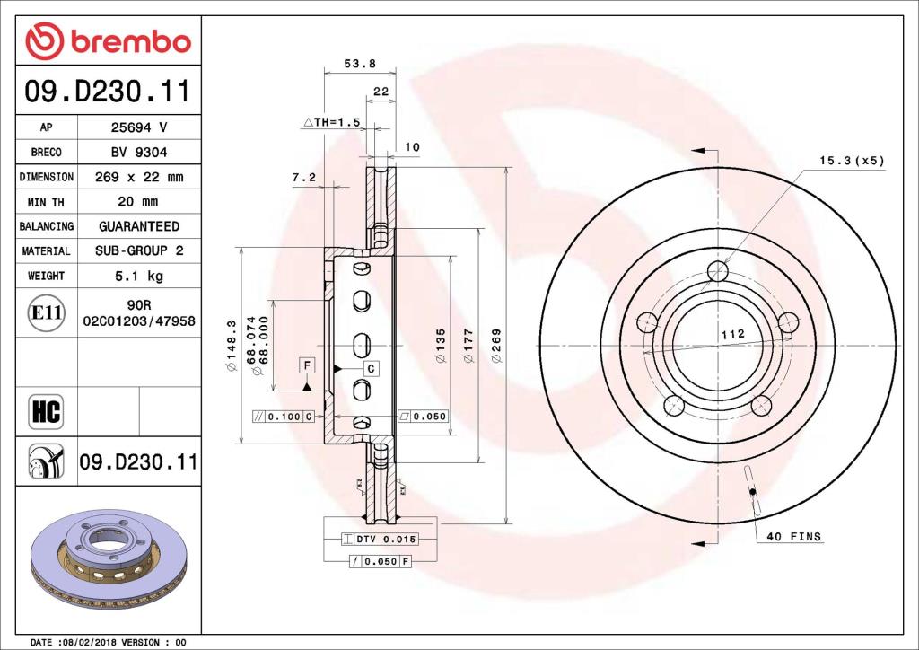Disques de frein BREMBO ref. 09.D230.11