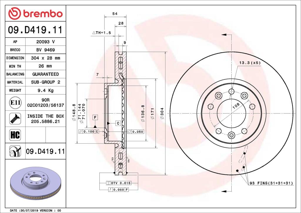 Disques de frein BREMBO ref. 09.D419.11