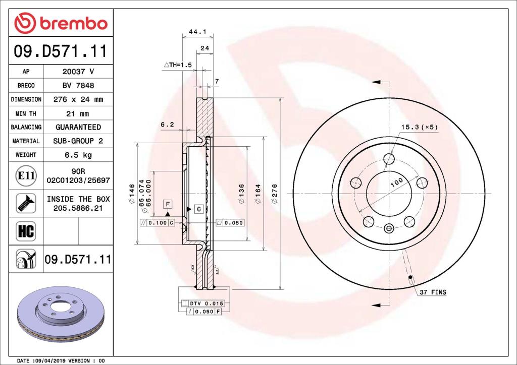 Disques de frein BREMBO ref. 09.D571.11