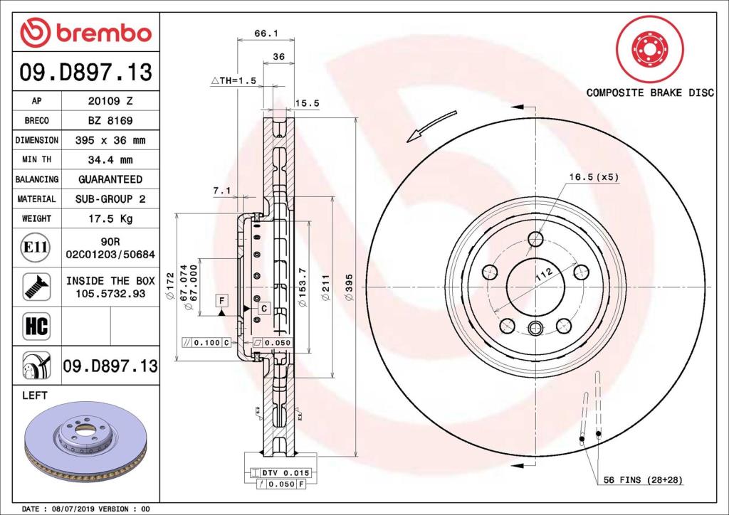 Disque de frein avant gauche BREMBO ref. 09.D897.13
