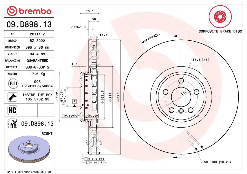 Disco de travão dianteiro direito BREMBO ref. 09.D898.13