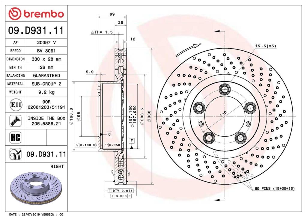 Disco de travão dianteiro direito BREMBO ref. 09.D931.11