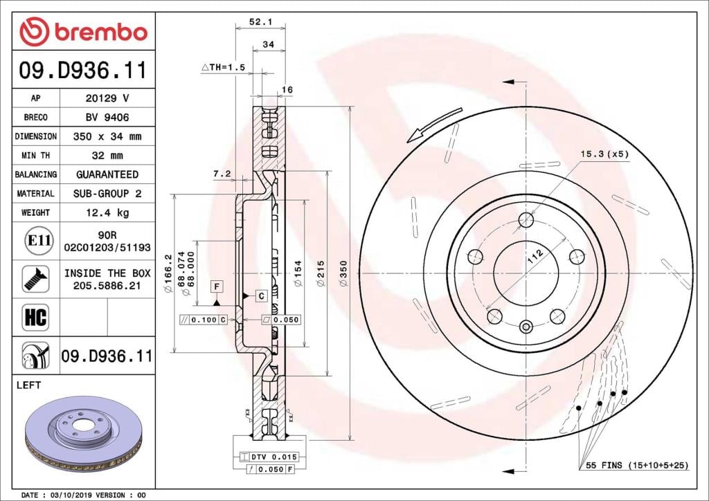 Disque de frein avant gauche BREMBO ref. 09.D936.11
