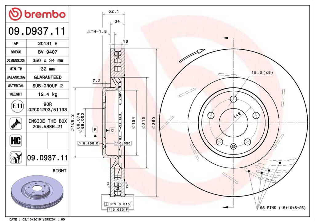 Disco de travão dianteiro direito BREMBO ref. 09.D937.11