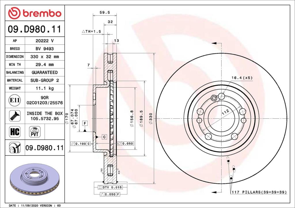 Disques de frein BREMBO 09.D980.11