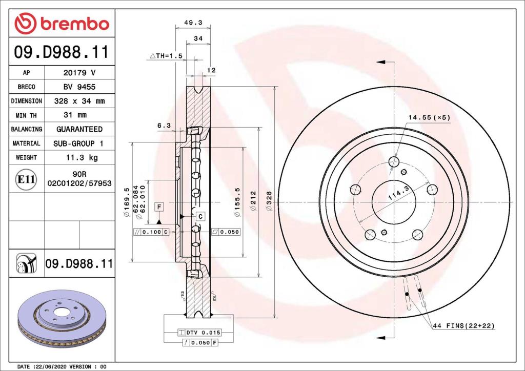 Disques de frein BREMBO 09.D988.11