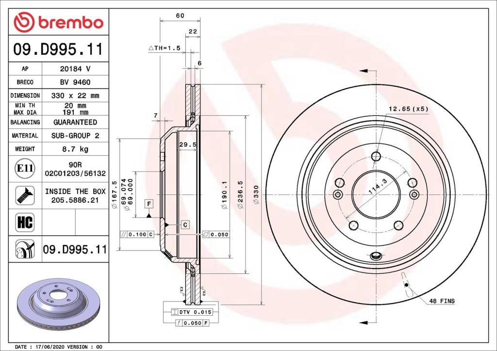 Disques de frein BREMBO ref. 09.D995.11
