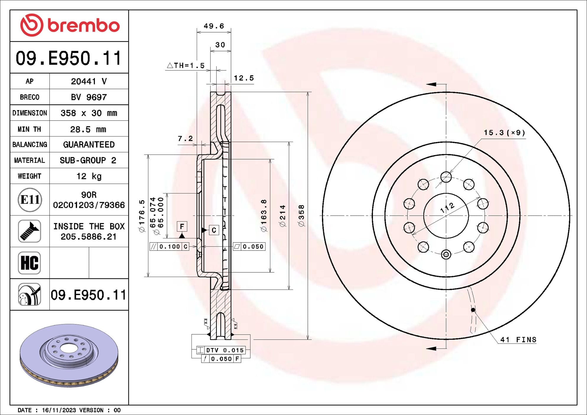 Disques de frein BREMBO ref. 09.E950.11