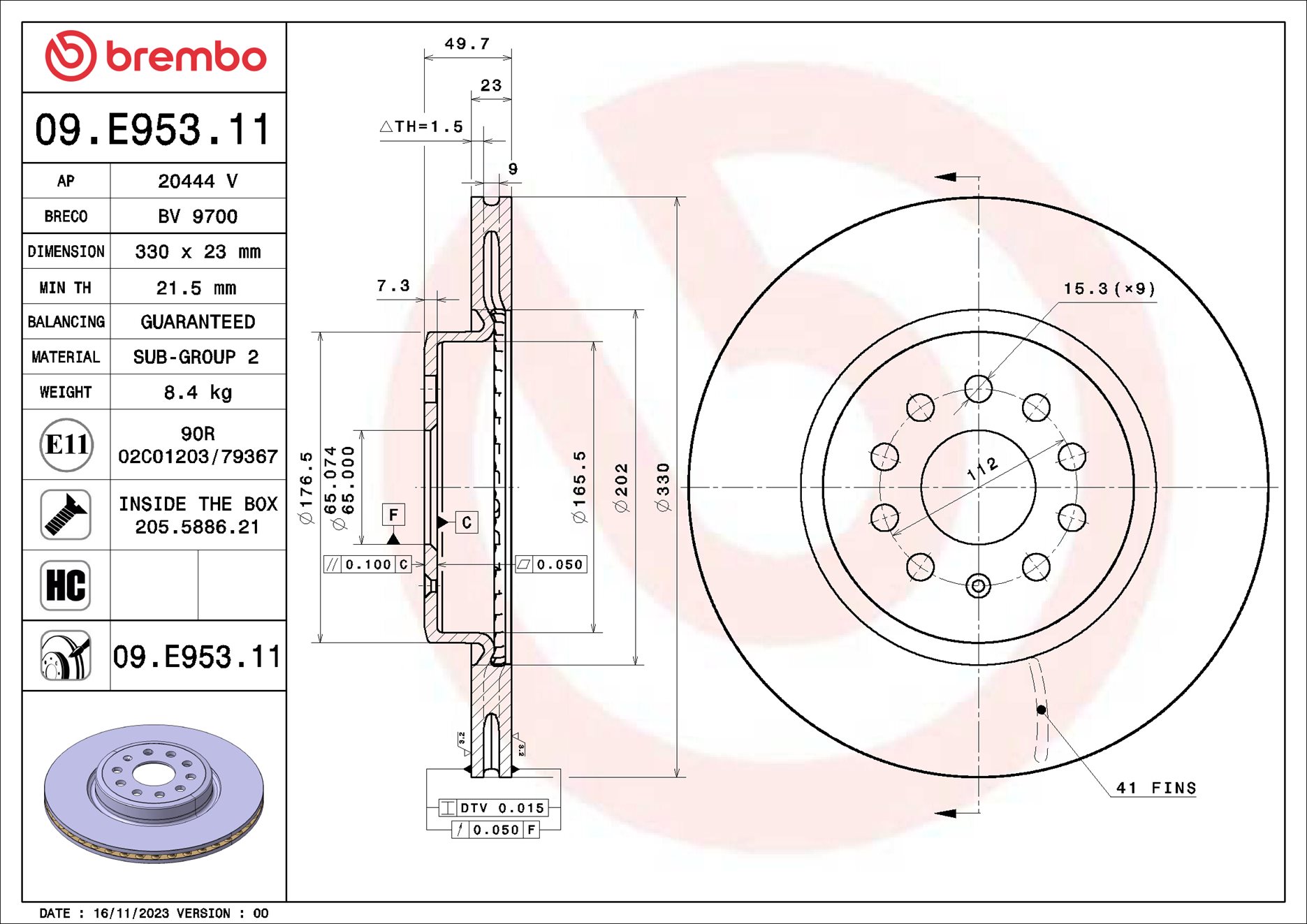 Disques de frein BREMBO ref. 09.E953.11