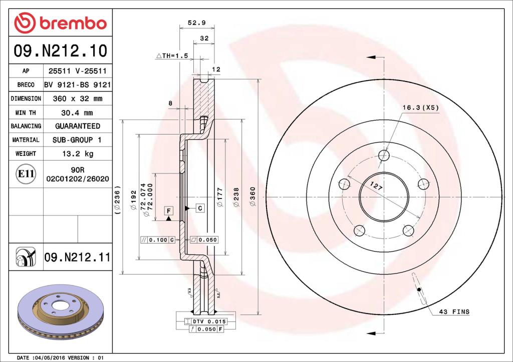 Disques de frein BREMBO 09.N212.11