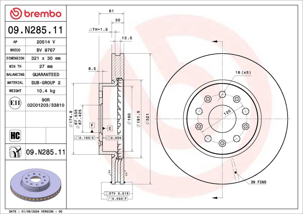 Disques de frein BREMBO ref. 09.N285.11