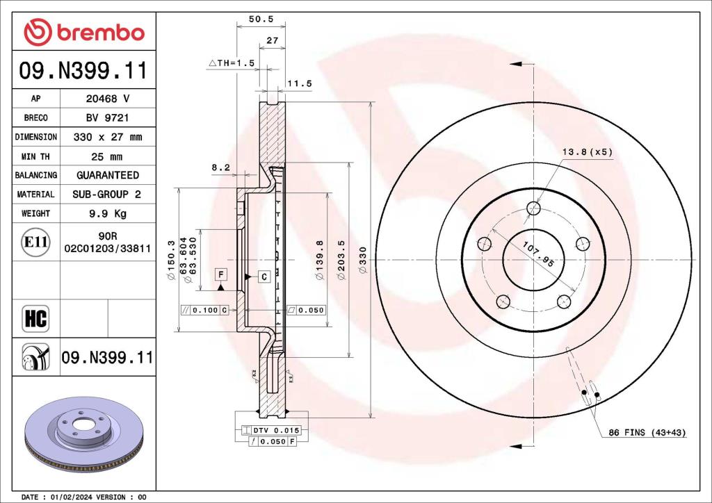 Disques de frein BREMBO 09.N399.11