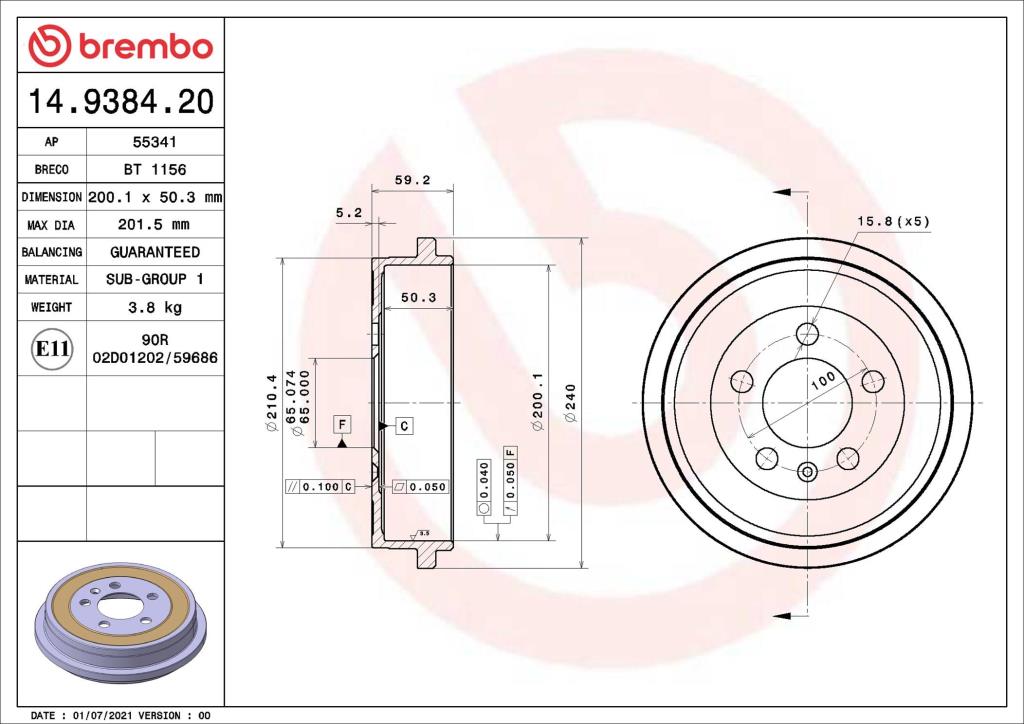 Tambour de frein BREMBO ref. 14.9384.20
