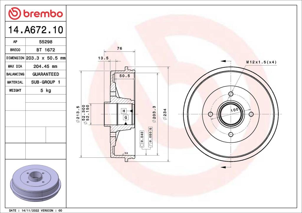 Tambour de frein BREMBO ref. 14.A672.10