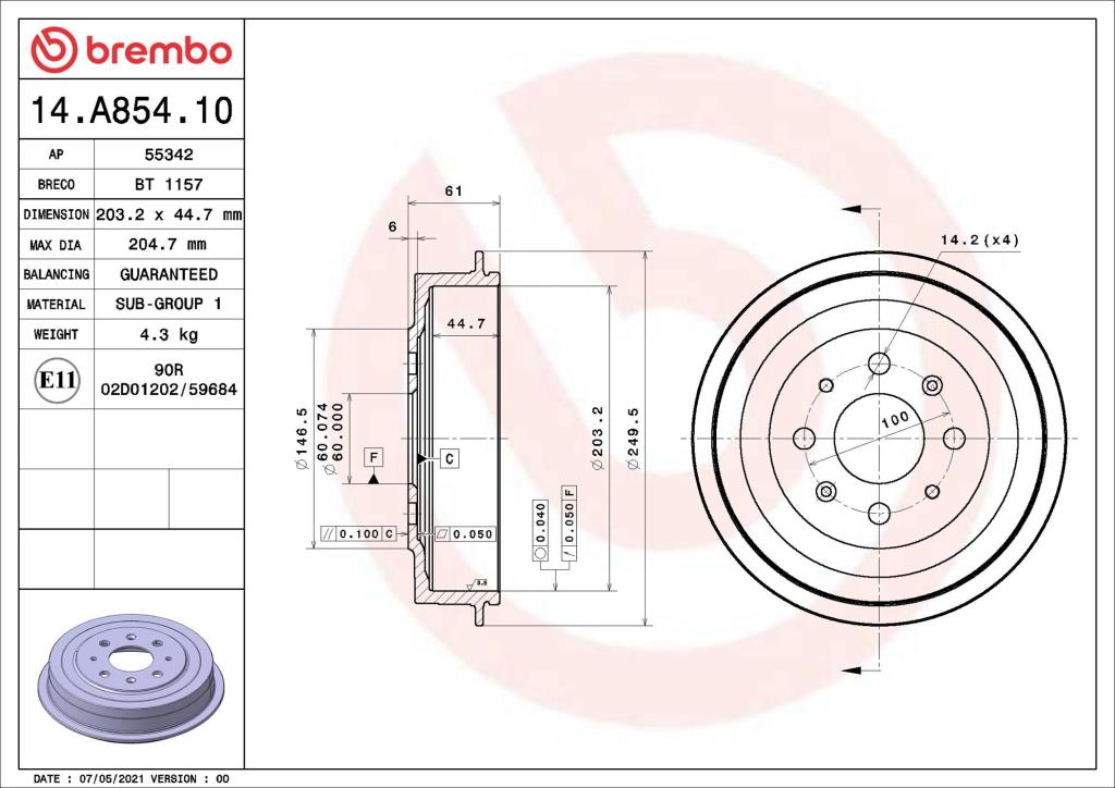 Tambour de frein BREMBO ref. 14.A854.10
