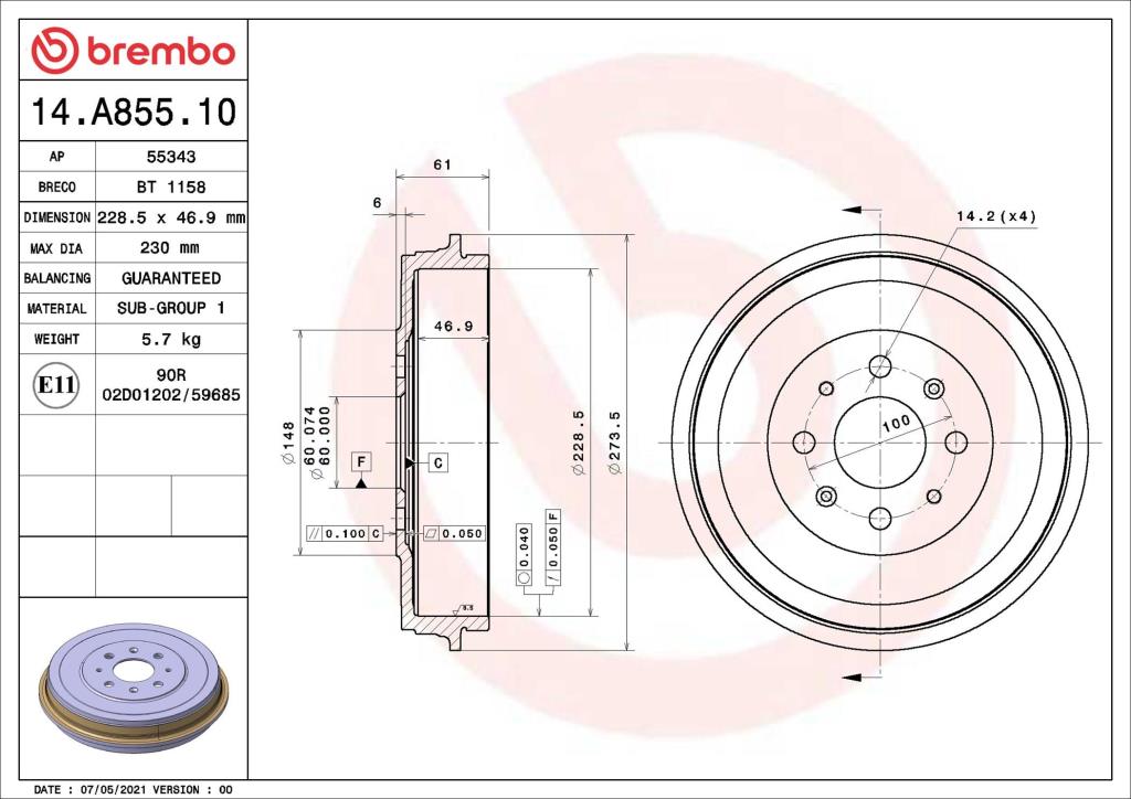 Tambour de frein BREMBO ref. 14.A855.10