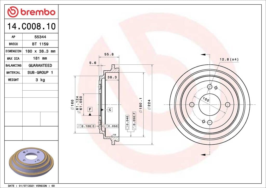 Tambour de frein BREMBO ref. 14.C008.10